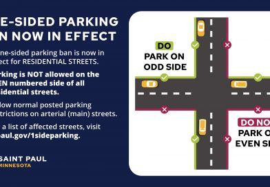 <strong>La ciudad de Saint Paul ha declarado una prohibición de estacionamiento de un solo lado de las calles RESIDENCIALES.</strong>